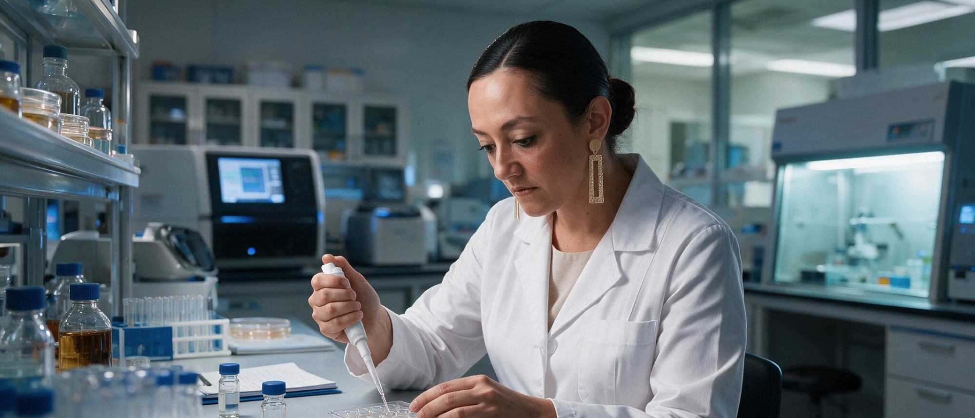 Marcela Riaño Caro at the laboratory bench — a symbol of more than fifteen years of hands-on molecular diagnostics practice.