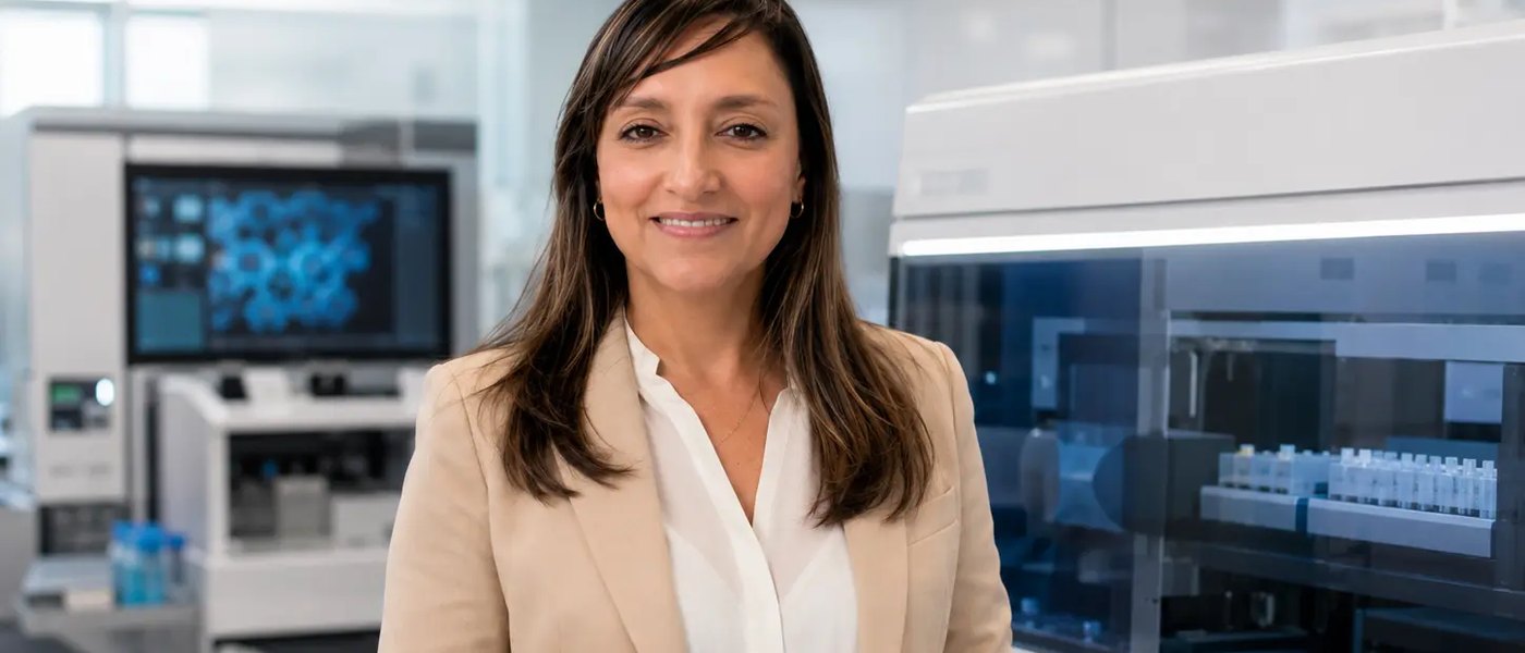 Marcela Riaño Caro with a tablet beside automated molecular analysers in a clinical laboratory.