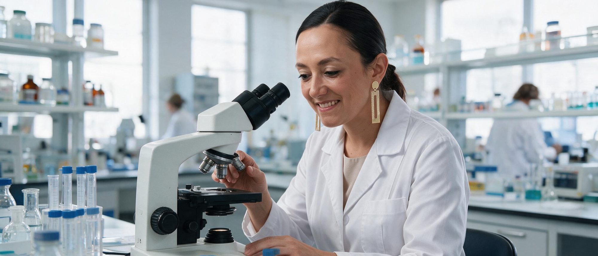 Marcela Riaño Caro working at a light microscope in a research laboratory.