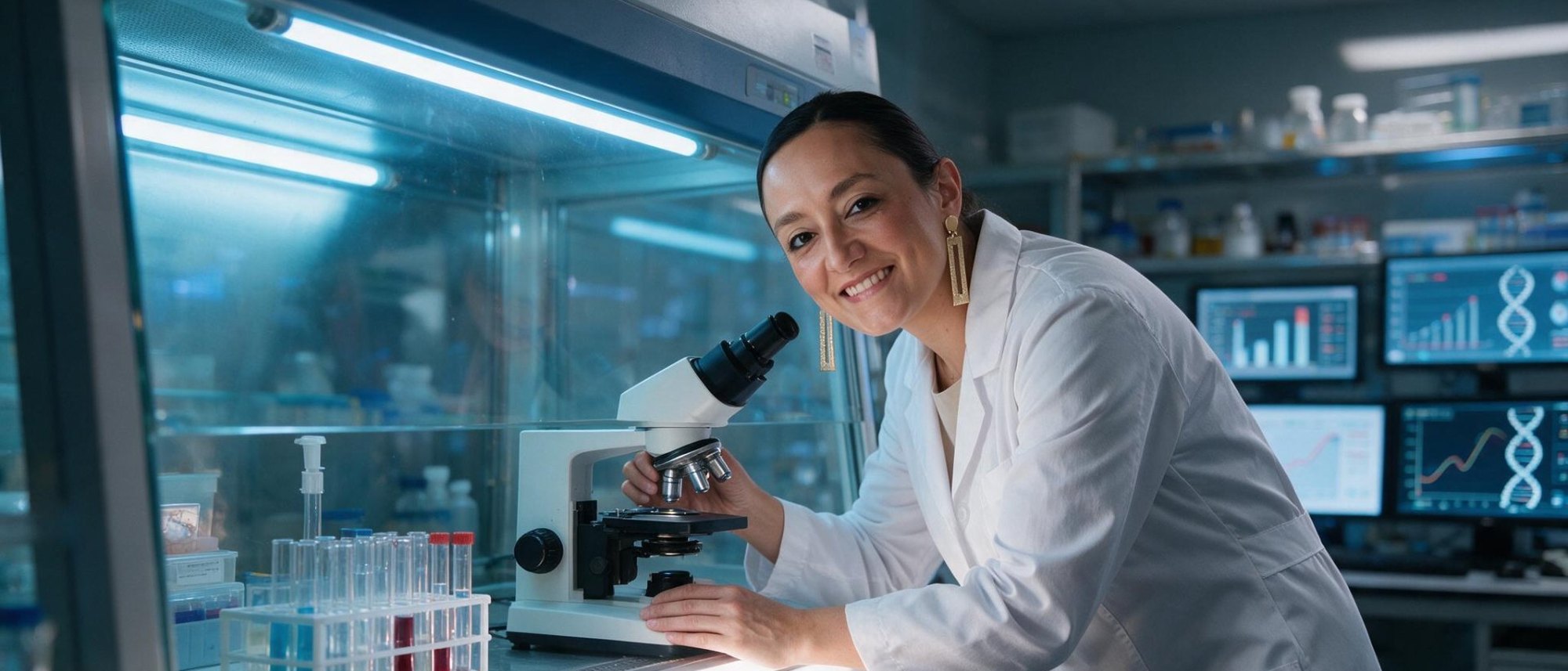 Marcela Riaño Caro at the microscope in a molecular biology laboratory with genomic data displayed on adjacent monitors.