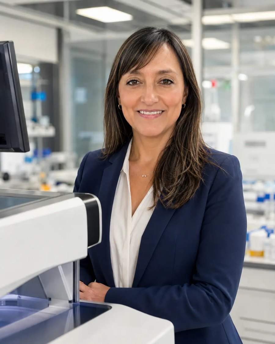 Marcela Riaño Caro in a clinical laboratory beside automated diagnostic instrumentation.